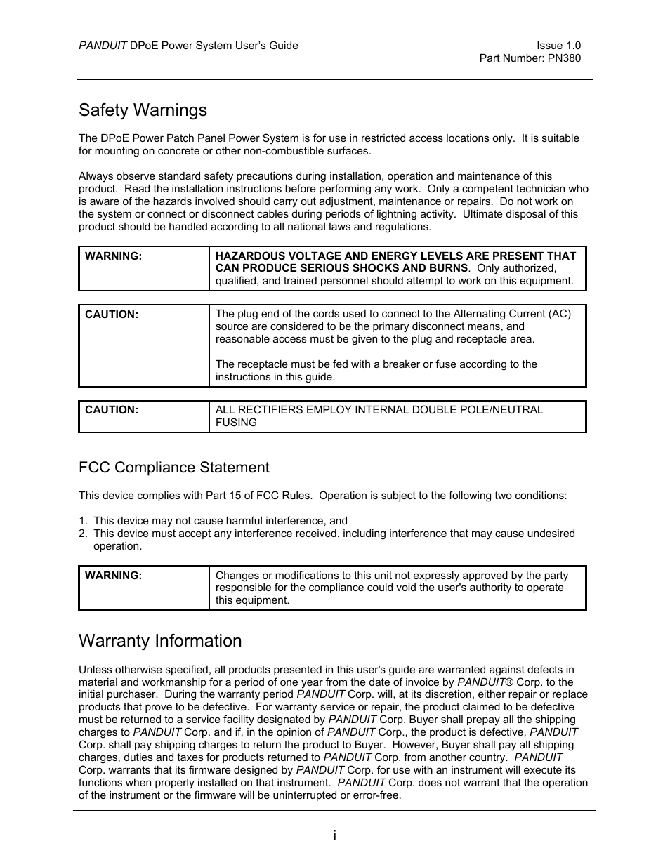 Safety warnings, Warranty information, Fcc compliance statement | Panduit PN380 User Manual | Page 2 / 20