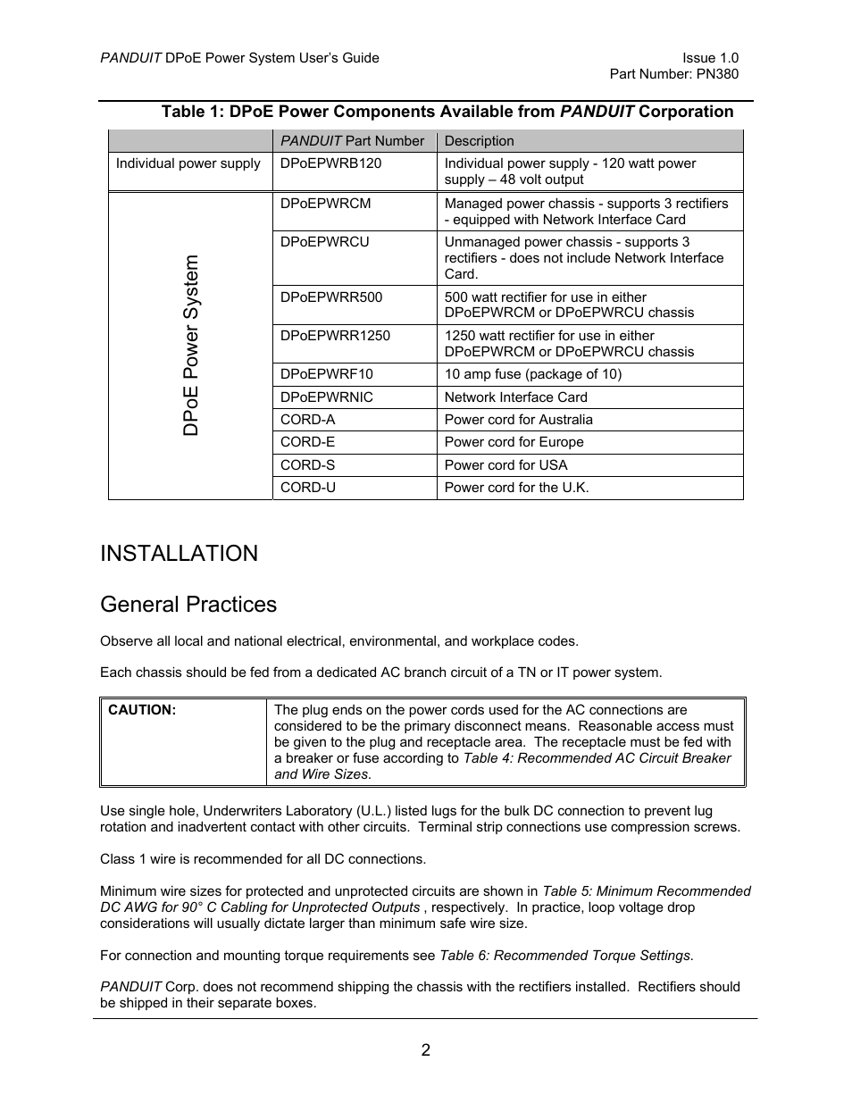 Installation, General practices, Installation general practices | Dpoe power system | Panduit PN380 User Manual | Page 7 / 20