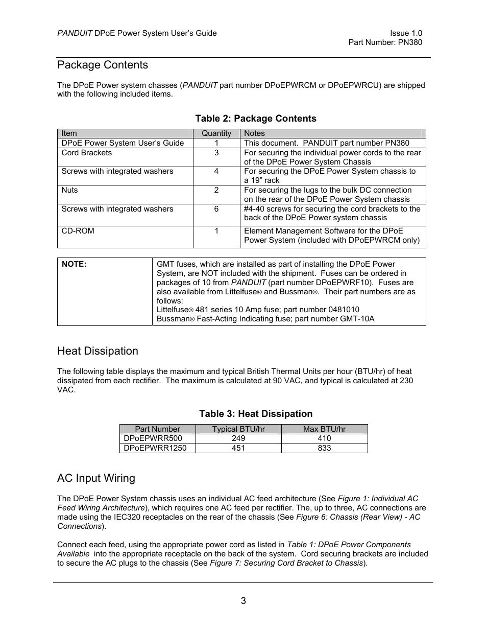 Package contents, Heat dissipation, Ac input wiring | Table 2 : package contents, Table 3: heat dissipation | Panduit PN380 User Manual | Page 8 / 20