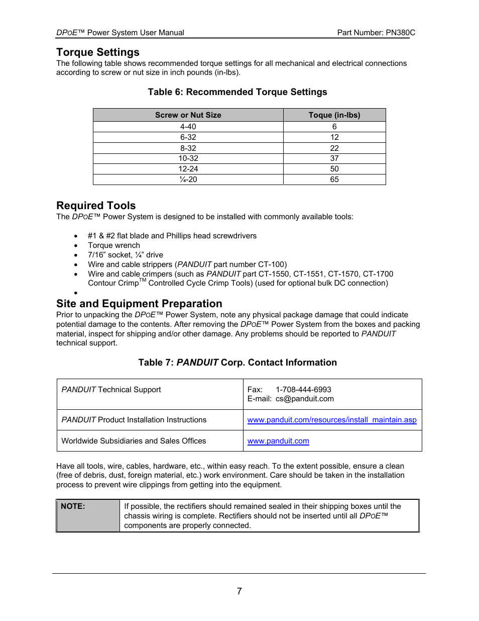 Torque settings, Required tools, Site and equipment preparation | Table 6: recommended torque settings, Table 7: panduit corp. contact information | Panduit DPOE PN380C User Manual | Page 12 / 17