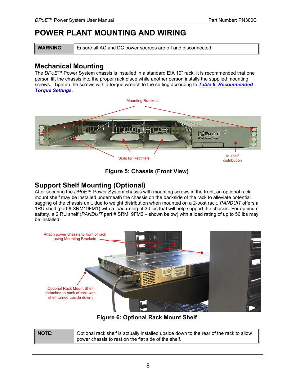 Power plant mounting and wiring, Mechanical mounting, Support shelf mounting (optional) | Figure 5: chassis (front view), Figure 6: optional rack mount shelf | Panduit DPOE PN380C User Manual | Page 13 / 17