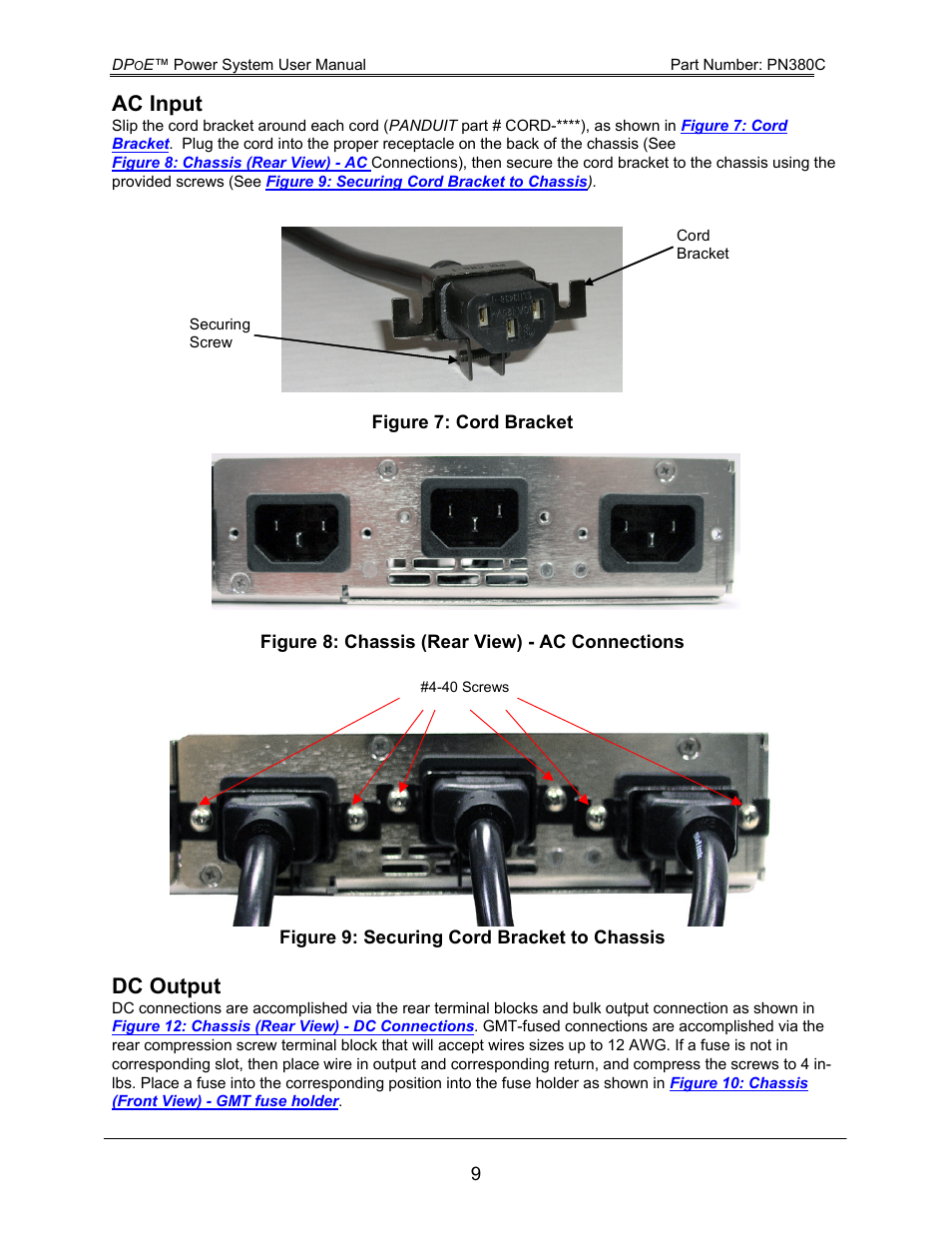 Ac input, Dc output, Figure 7: cord bracket | Figure 8: chassis (rear view) - ac connections, Figure 9: securing cord bracket to chassis | Panduit DPOE PN380C User Manual | Page 14 / 17