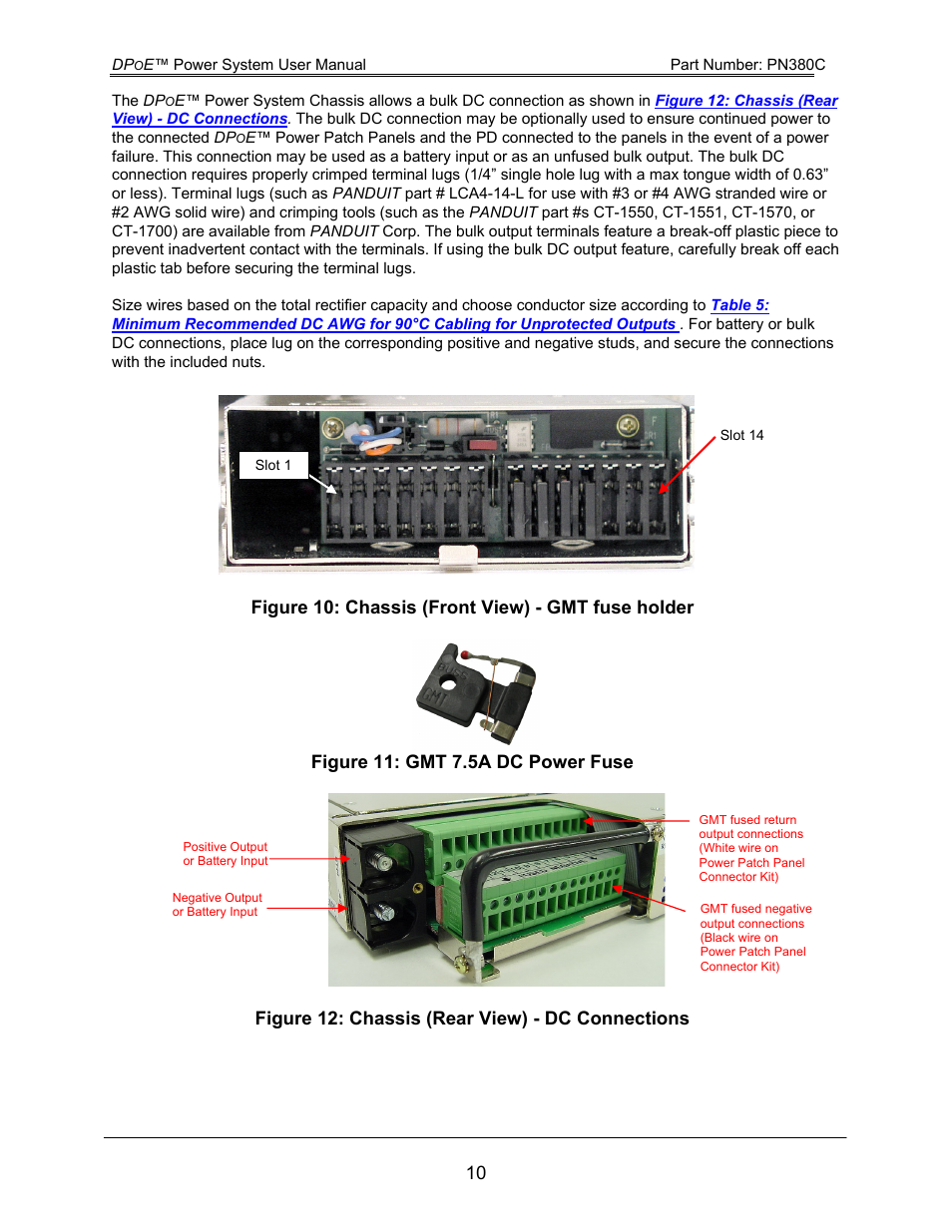 Figure 10: chassis (front view) - gmt fuse holder, Figure 11: gmt 7.5a dc power fuse, Figure 12: chassis (rear view) - dc connections | Figure 10: chassis, Front view) - gmt fuse holder | Panduit DPOE PN380C User Manual | Page 15 / 17