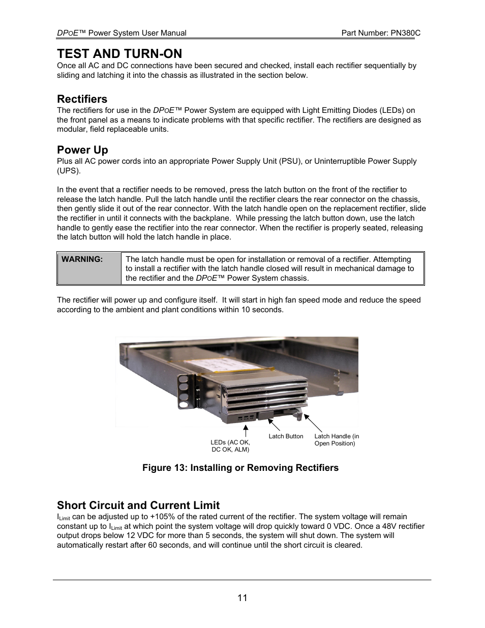 Test and turn-on, Rectifiers, Power up | Short circuit and current limit, Figure 13: installing or removing rectifiers | Panduit DPOE PN380C User Manual | Page 16 / 17