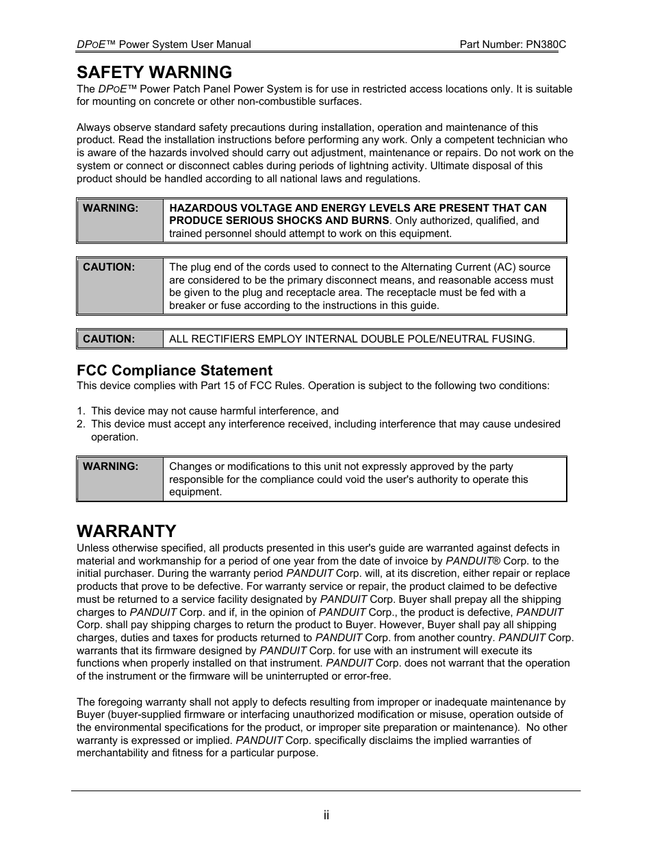 Safety warning, Warranty, Fcc compliance statement | Panduit DPOE PN380C User Manual | Page 2 / 17