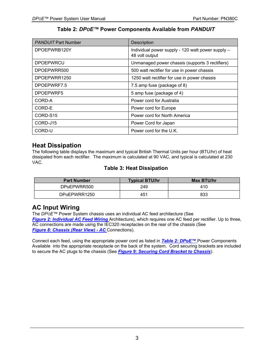 Heat dissipation, Ac input wiring, Table 2: dp | E™ power components available from panduit, Table 3: heat dissipation | Panduit DPOE PN380C User Manual | Page 8 / 17