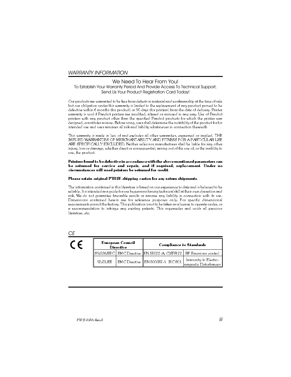 Warranty information we need to hear from you | Panduit PTR2E User Manual | Page 3 / 24