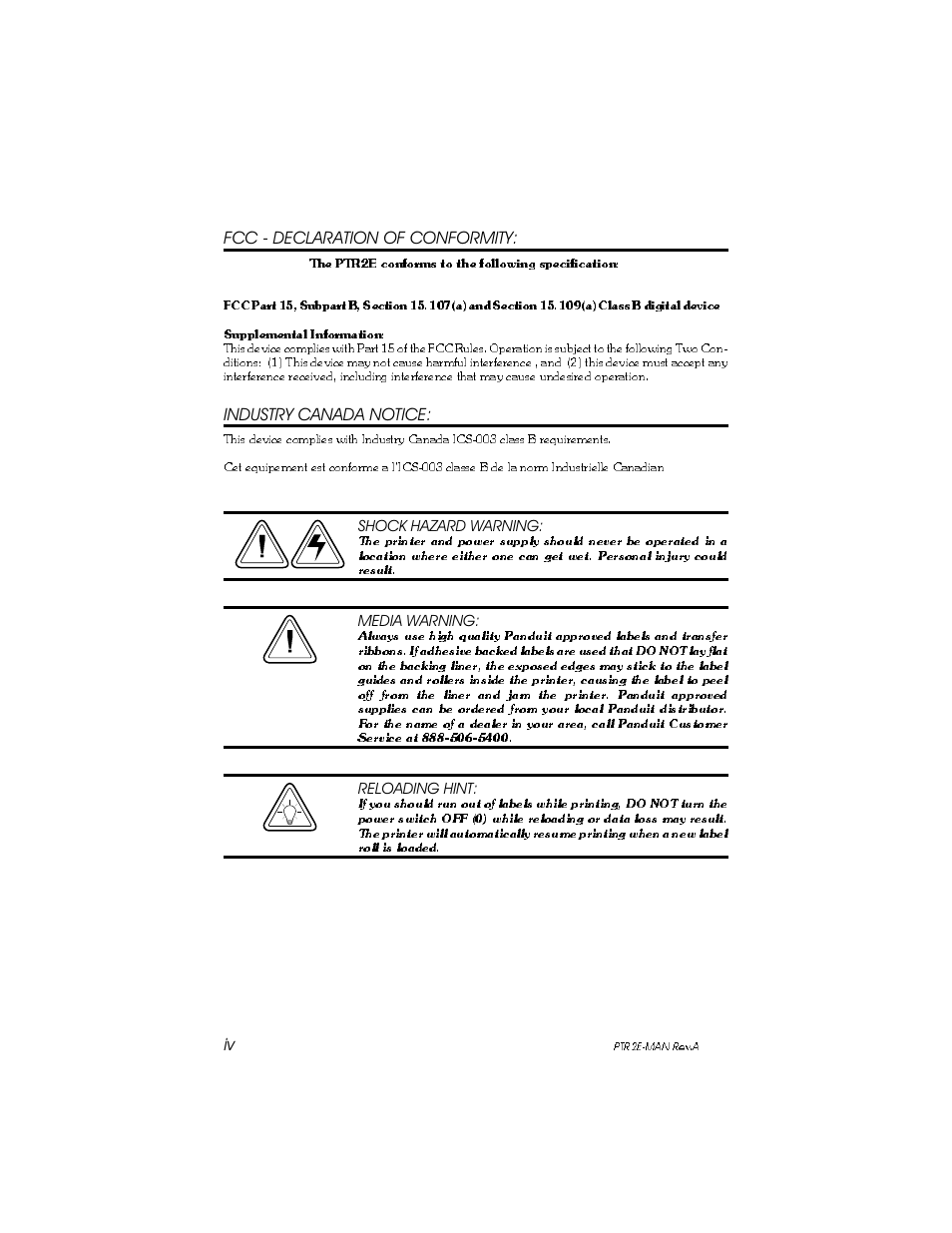 Fcc - declaration of conformity, Industry canada notice | Panduit PTR2E User Manual | Page 4 / 24