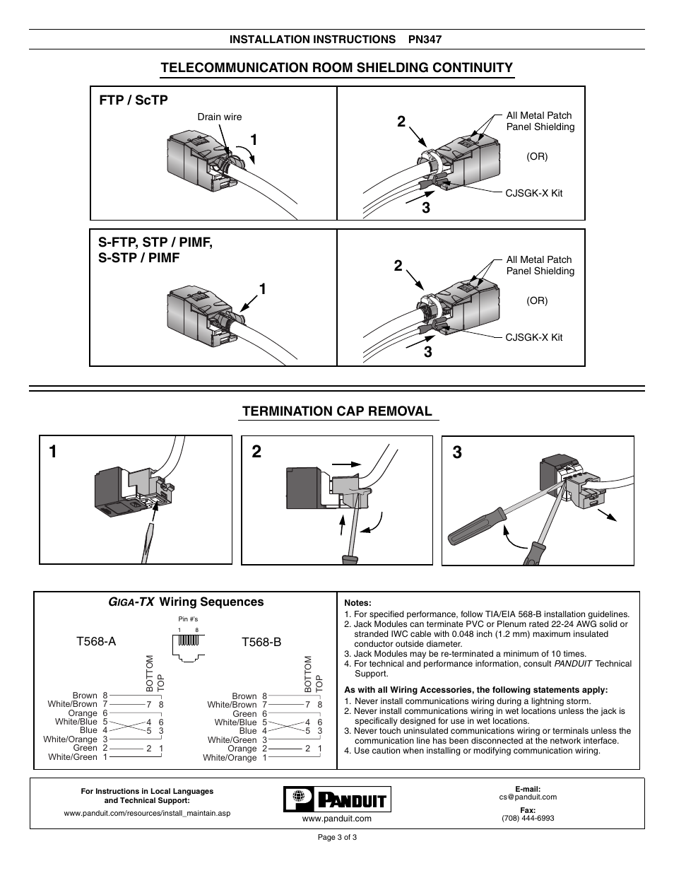 Termination cap removal, Telecommunication room shielding continuity, Ftp / sctp | S-ftp, stp / pimf, s-stp / pimf, T568-a g, Tx wiring sequences t568-b | Panduit CJS588T User Manual | Page 3 / 3
