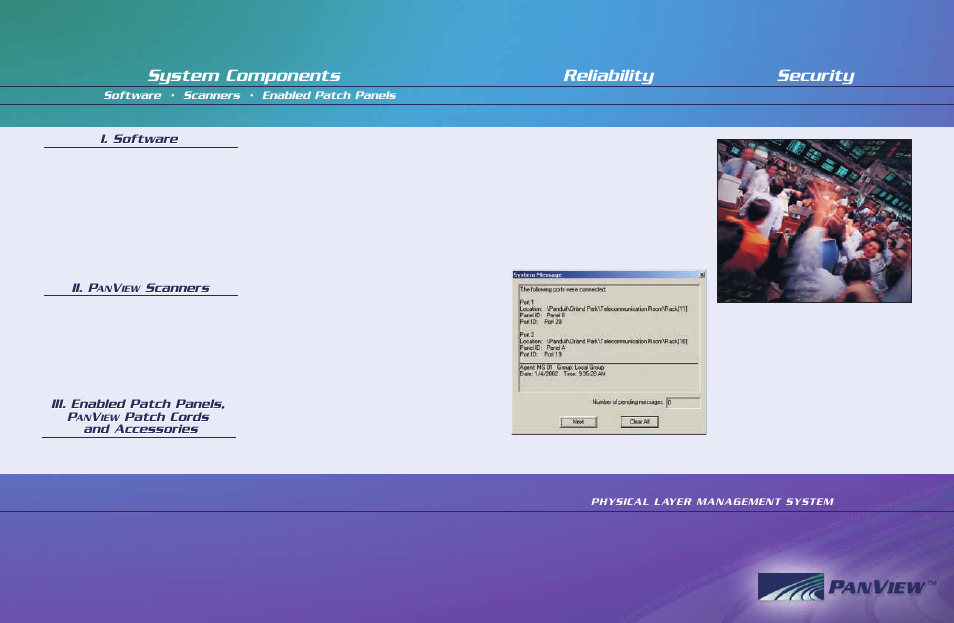 System components, Reliability security, Ii. p | Scanners ii. p, Scanners, I. software, I. software iii. enabled patch panels, p, Patch cords and accessories, Software • scanners • enabled patch panels, Physical layer management system | Panduit Network Switch User Manual | Page 5 / 12