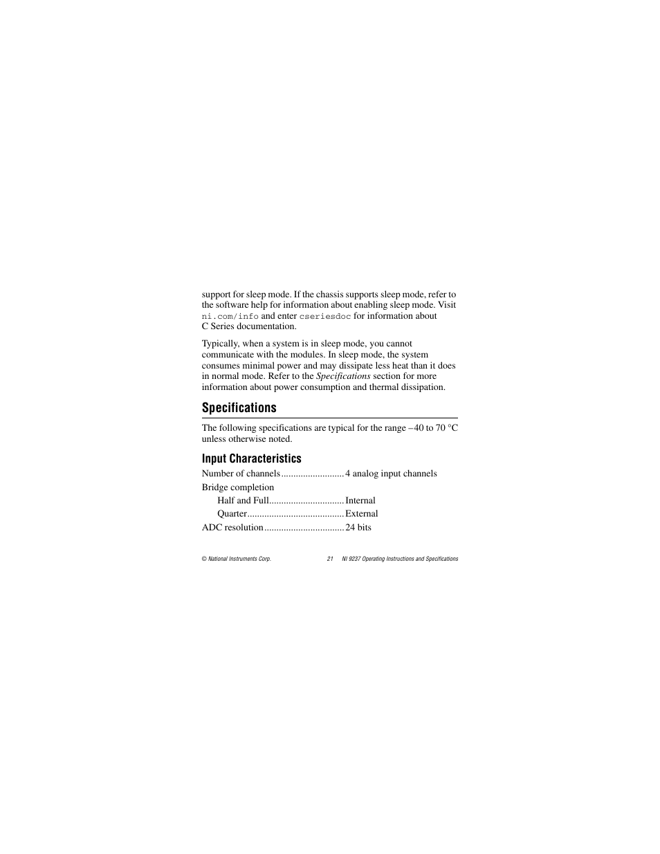 Specifications, Input characteristics | National Instruments 24-Bit Half/Full-Bridge Analog Input Module NI 9237 User Manual | Page 21 / 36