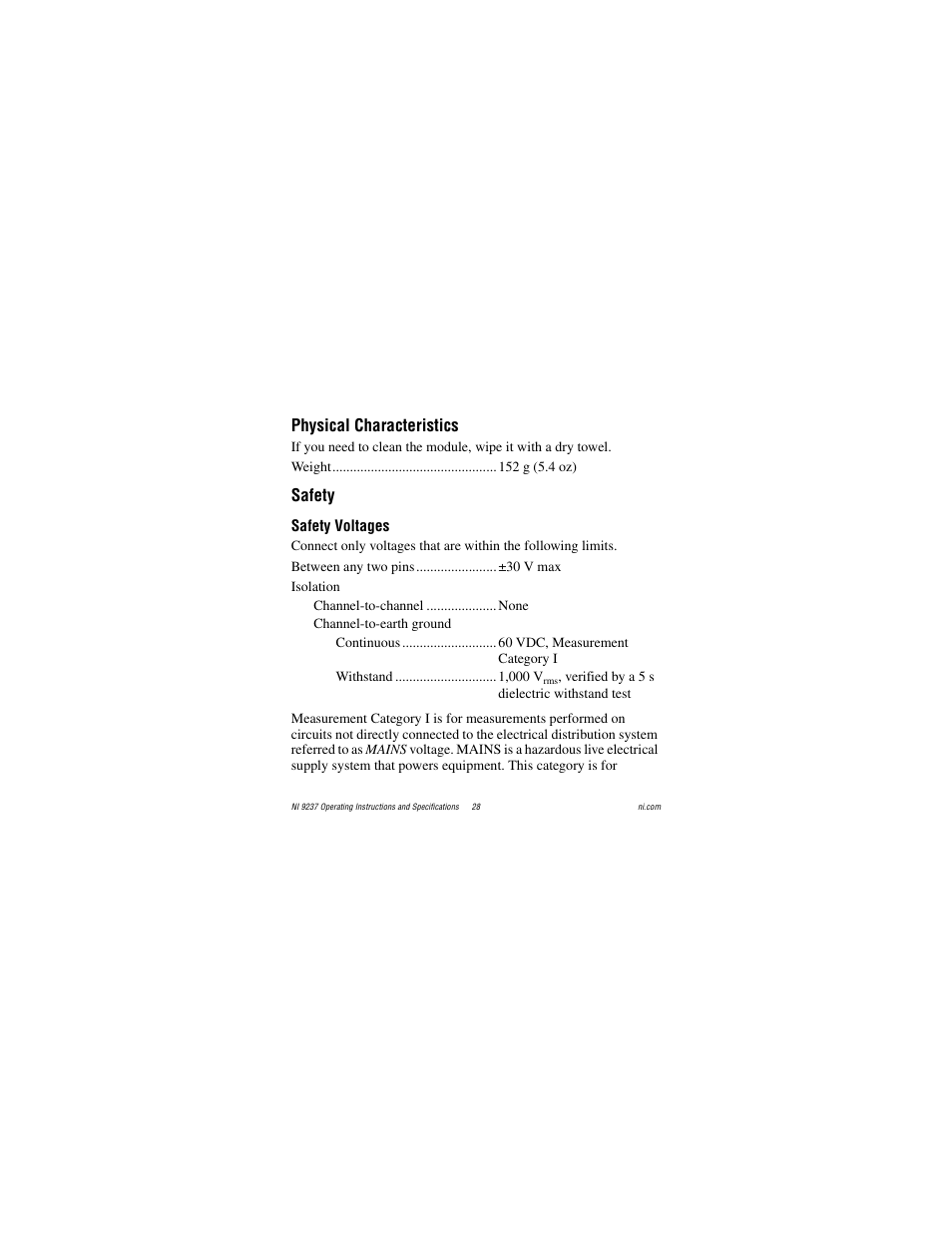 Physical characteristics, Safety, Safety voltages | National Instruments 24-Bit Half/Full-Bridge Analog Input Module NI 9237 User Manual | Page 28 / 36