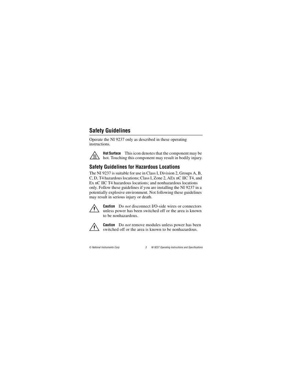 Safety guidelines, Safety guidelines for hazardous locations | National Instruments 24-Bit Half/Full-Bridge Analog Input Module NI 9237 User Manual | Page 3 / 36