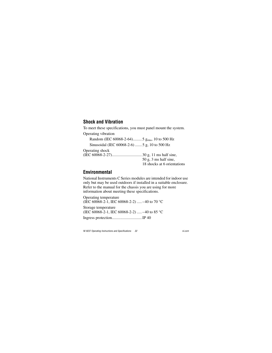 Shock and vibration, Environmental | National Instruments 24-Bit Half/Full-Bridge Analog Input Module NI 9237 User Manual | Page 32 / 36