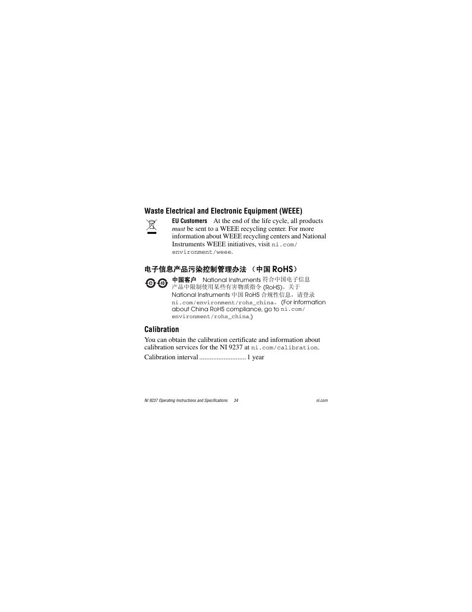 Calibration, Rohs | National Instruments 24-Bit Half/Full-Bridge Analog Input Module NI 9237 User Manual | Page 34 / 36