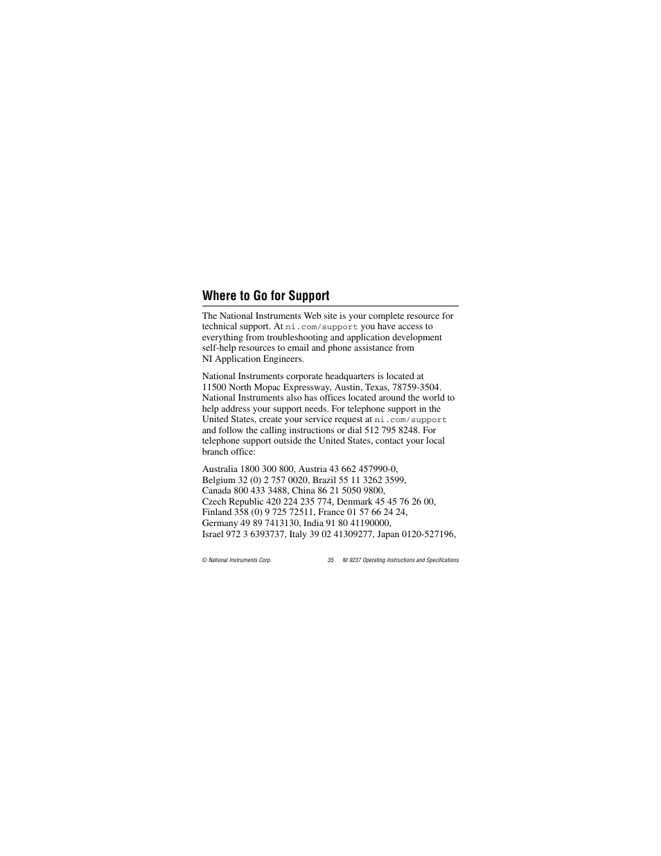 Where to go for support | National Instruments 24-Bit Half/Full-Bridge Analog Input Module NI 9237 User Manual | Page 35 / 36