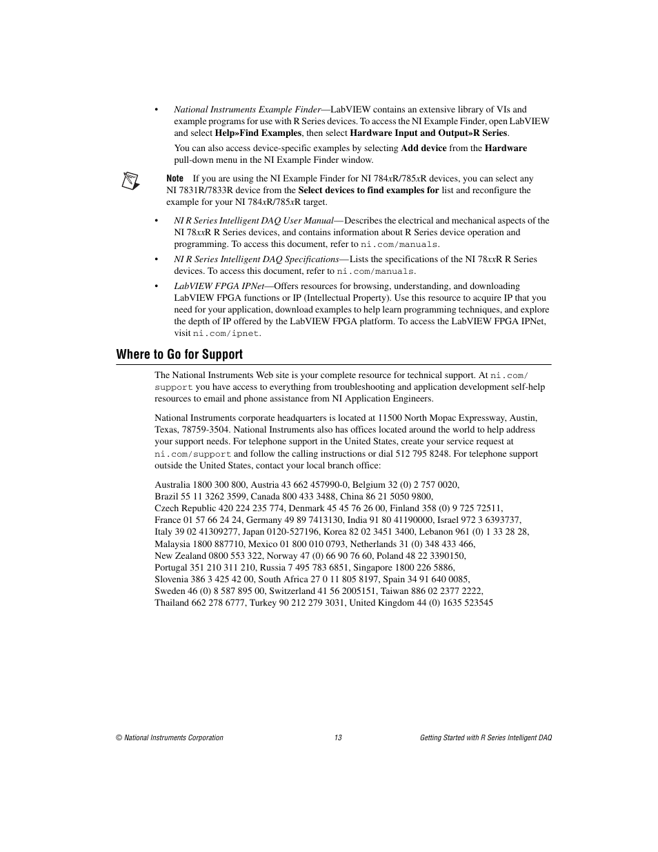 Where to go for support | National Instruments R Series Intelligent DAQ PXI-785xR User Manual | Page 13 / 14