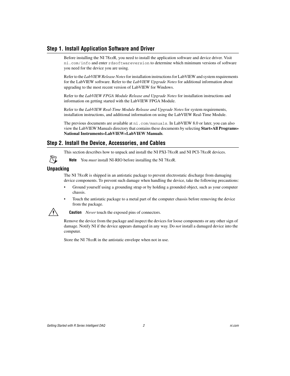 Step 1. install application software and driver, Unpacking | National Instruments R Series Intelligent DAQ PXI-785xR User Manual | Page 2 / 14
