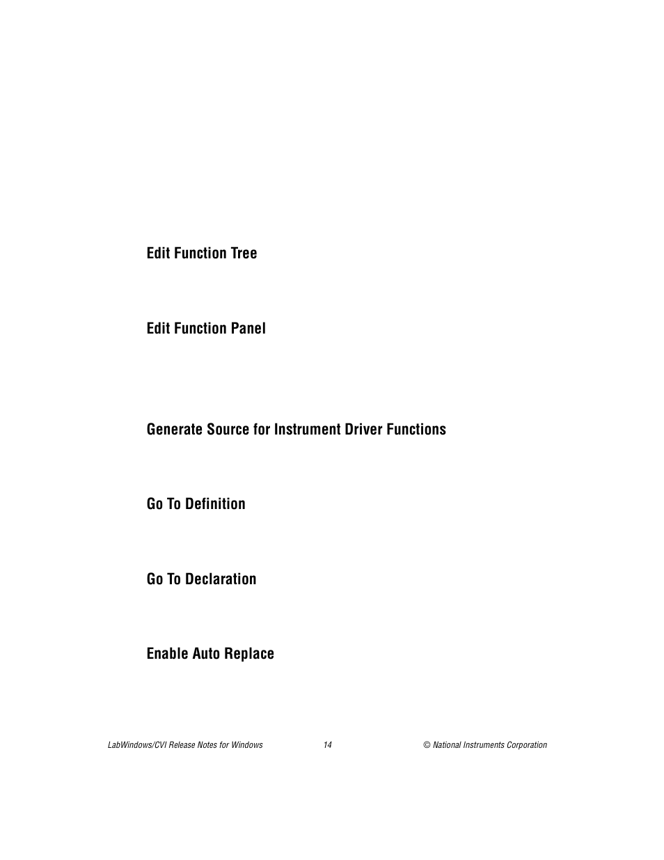 Edit function tree, Edit function panel, Generate source for instrument driver functions | Go to definition, Go to declaration, Enable auto replace | National Instruments Window User Manual | Page 14 / 39