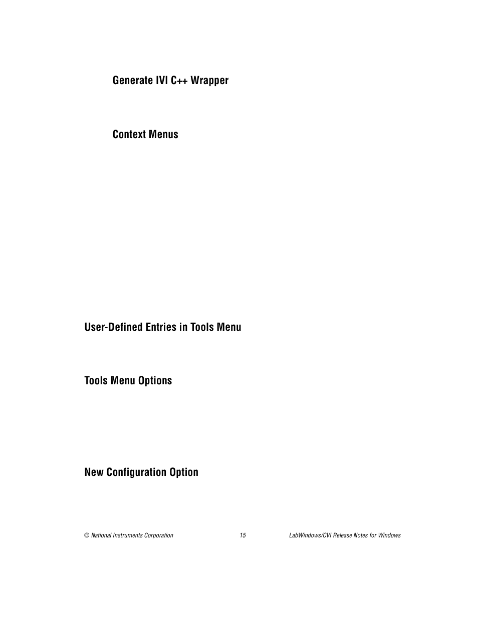 Generate ivi c++ wrapper, Context menus, User-defined entries in tools menu | Tools menu options, New configuration option, Generate ivi c++ wrapper context menus | National Instruments Window User Manual | Page 15 / 39