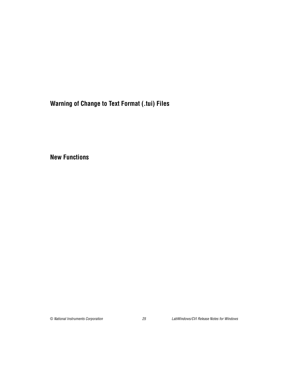Warning of change to text format (.tui) files, New functions, Warning of change to text | Format (.tui) files, Secti | National Instruments Window User Manual | Page 25 / 39
