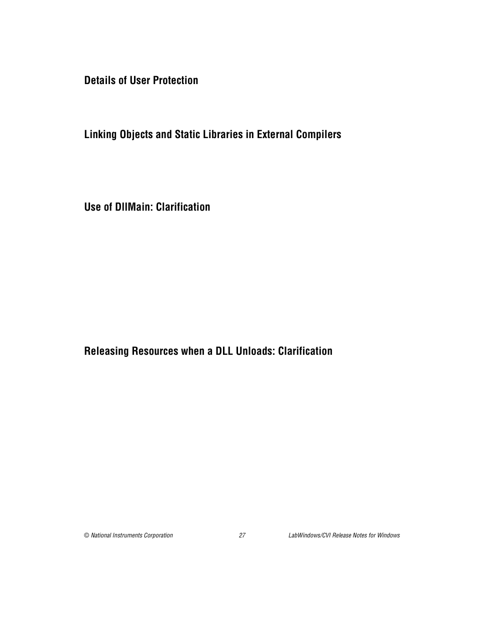 Details of user protection, Linking objects and static libraries in external c, Use of dllmain: clarification | Releasing resources when a dll unloads: clarificat | National Instruments Window User Manual | Page 27 / 39