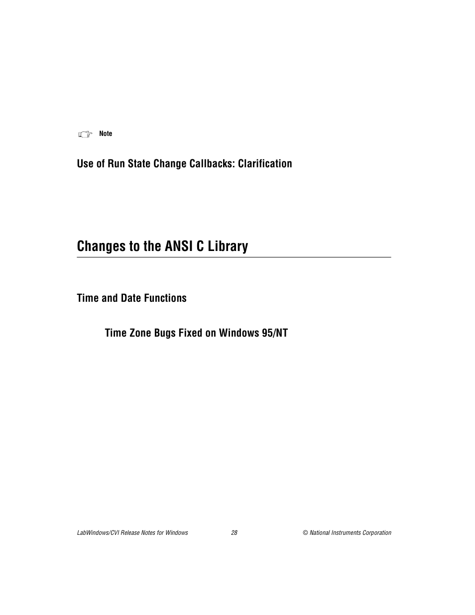 Use of run state change callbacks: clarification, Changes to the ansi c library, Time and date functions | Time zone bugs fixed on windows 95/nt | National Instruments Window User Manual | Page 28 / 39