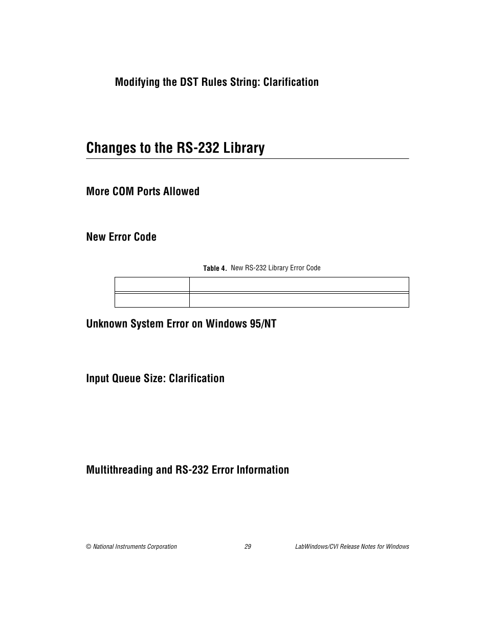 Modifying the dst rules string: clarification, Changes to the rs-232 library, More com ports allowed | New error code, Unknown system error on windows 95/nt, Input queue size: clarification, Multithreading and rs-232 error information, Table 4. new rs-232 library error code | National Instruments Window User Manual | Page 29 / 39