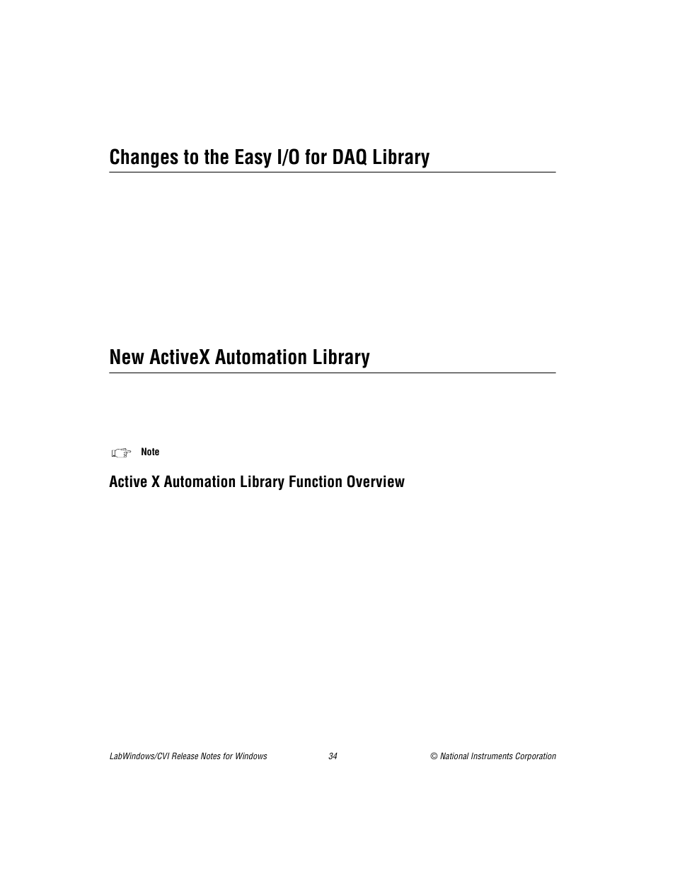 Changes to the easy i/o for daq library, New activex automation library, Active x automation library function overview | National Instruments Window User Manual | Page 34 / 39