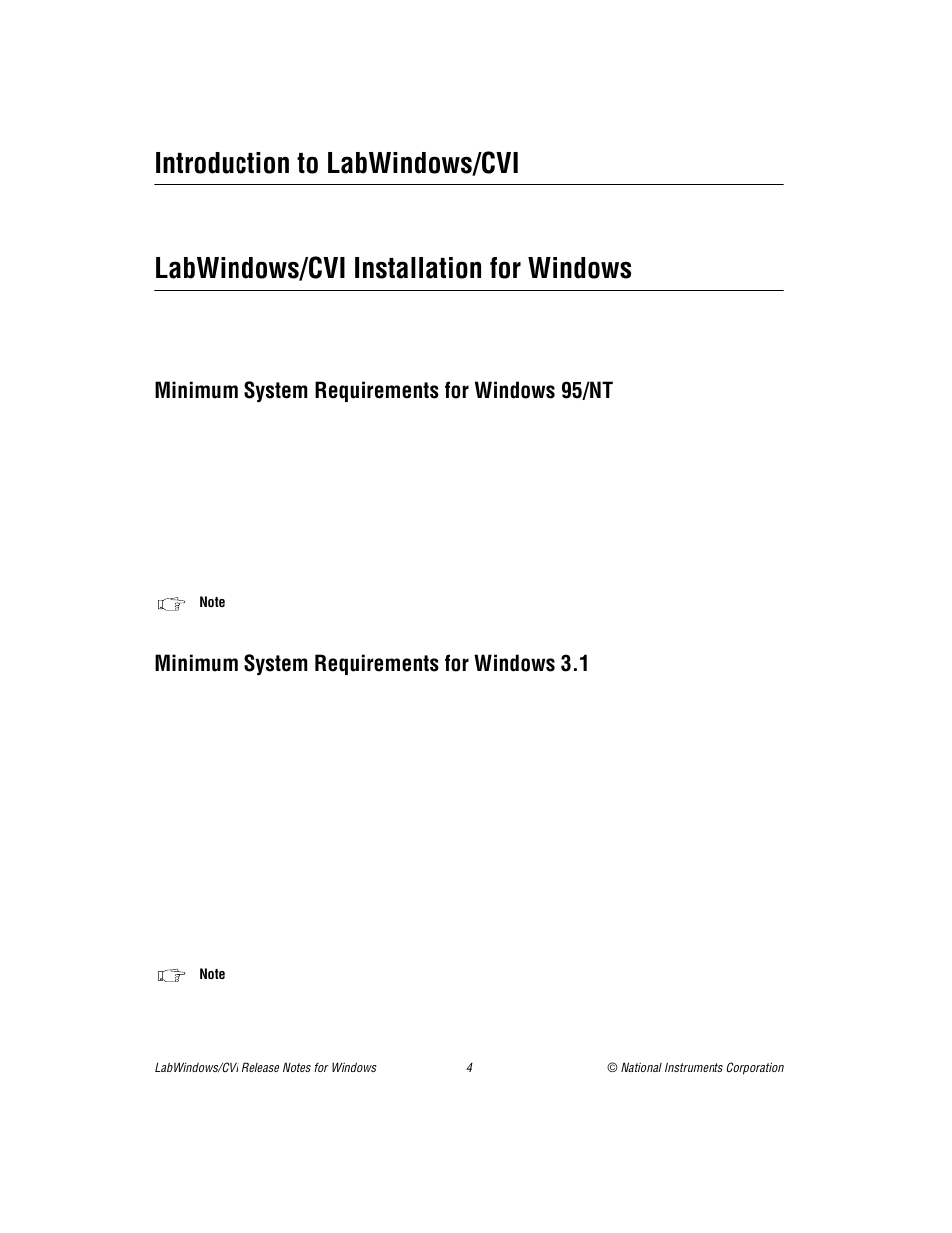 Introduction to labwindows/cvi, Labwindows/cvi installation for windows, Minimum system requirements for windows 95/nt | Minimum system requirements for windows 3.1 | National Instruments Window User Manual | Page 4 / 39