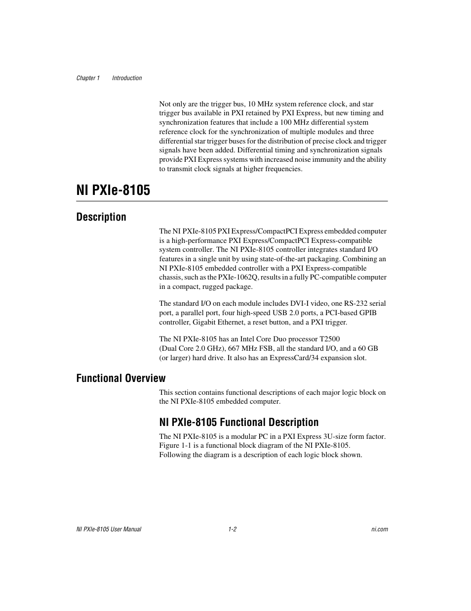 Ni pxie-8105, Description, Functional overview | Ni pxie-8105 functional description, Ni pxie-8105 -2, Description -2 functional overview -2, Ni pxie-8105 functional description -2 | National Instruments NI PXIe-8105 User Manual | Page 10 / 76