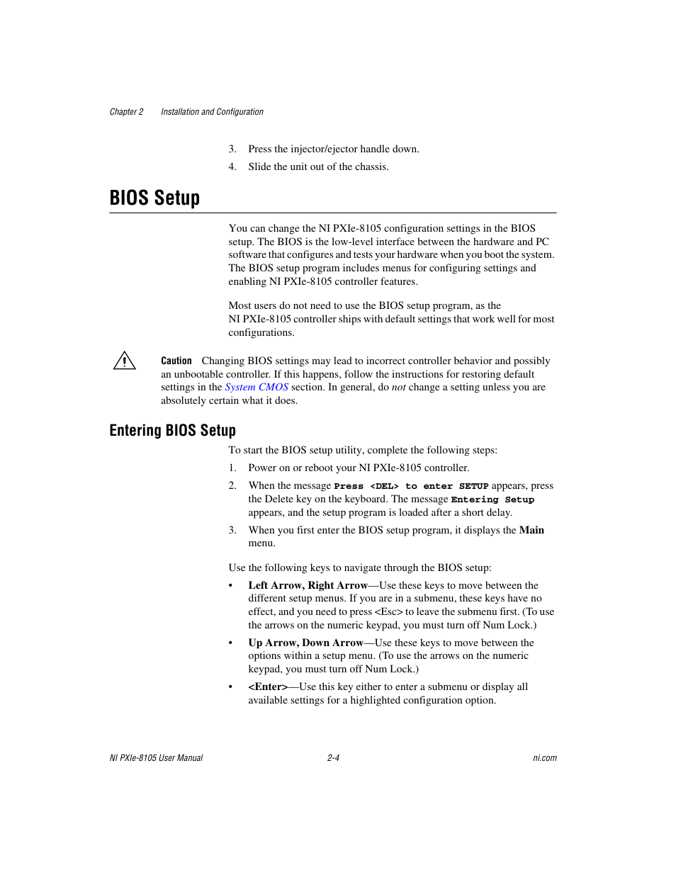 Bios setup, Entering bios setup, Bios setup -4 | Entering bios setup -4 | National Instruments NI PXIe-8105 User Manual | Page 18 / 76