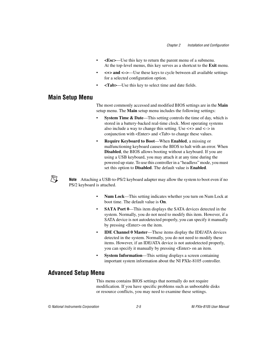 Main setup menu, Advanced setup menu, Main setup menu -5 advanced setup menu -5 | National Instruments NI PXIe-8105 User Manual | Page 19 / 76