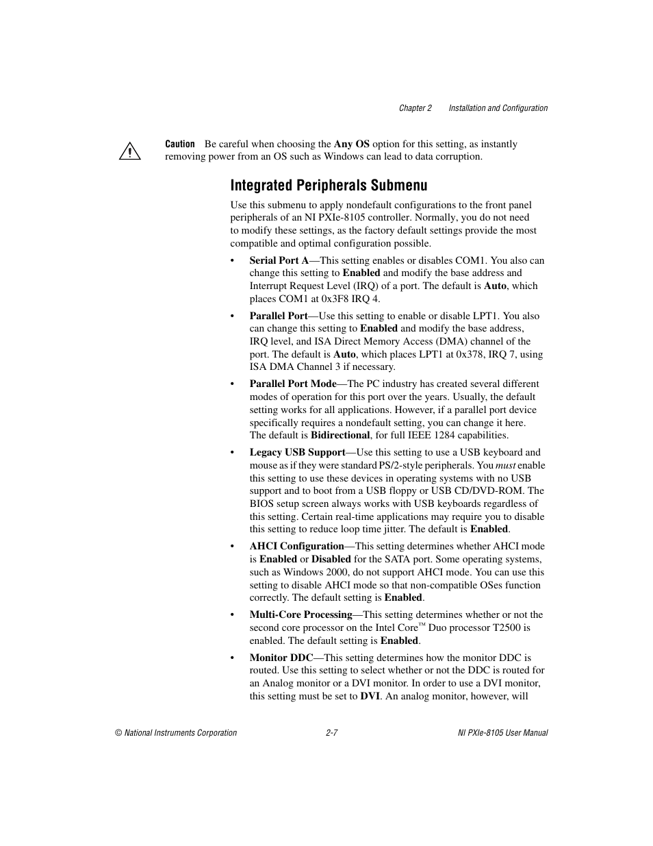 Integrated peripherals submenu, Integrated peripherals submenu -7, To the | National Instruments NI PXIe-8105 User Manual | Page 21 / 76