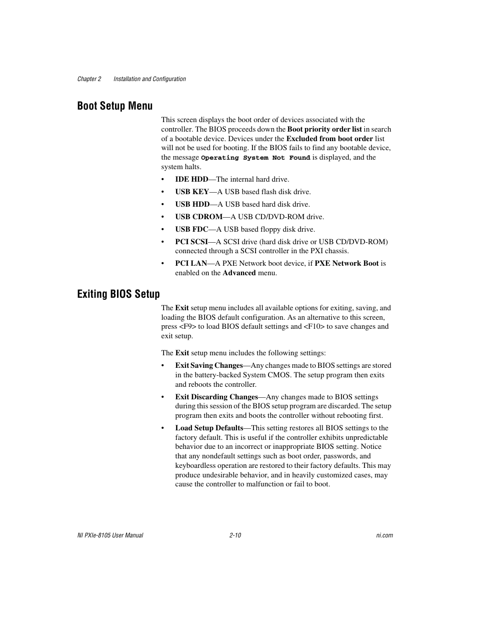 Boot setup menu, Exiting bios setup, Boot setup menu -10 exiting bios setup -10 | National Instruments NI PXIe-8105 User Manual | Page 24 / 76