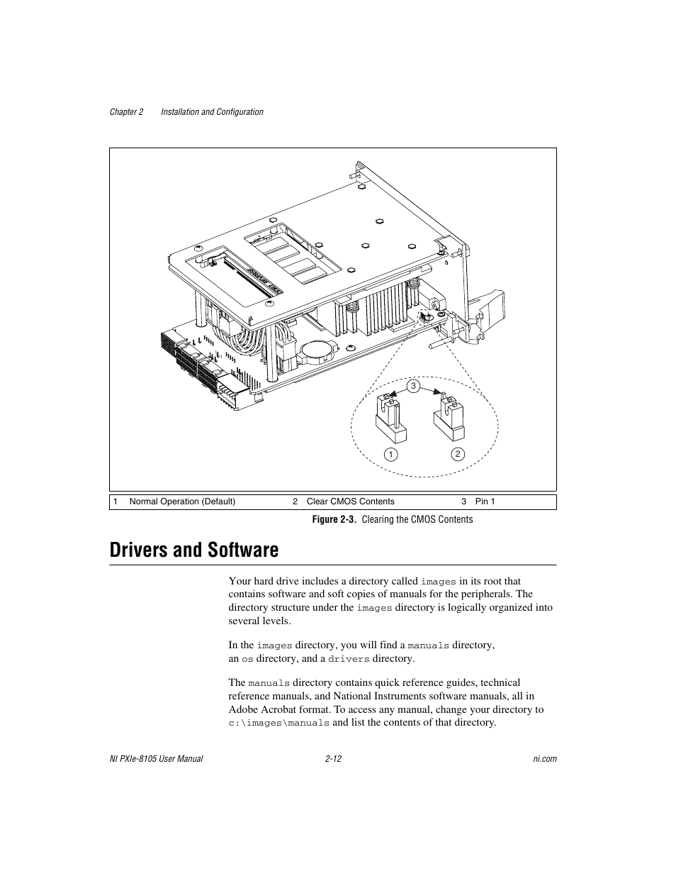 Figure 2-3. clearing the cmos contents, Drivers and software, Drivers and software -12 | National Instruments NI PXIe-8105 User Manual | Page 26 / 76