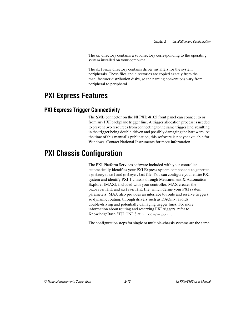 Pxi express features, Pxi express trigger connectivity, Pxi chassis configuration | Pxi express features -13, Pxi express trigger connectivity -13, Pxi chassis configuration -13 | National Instruments NI PXIe-8105 User Manual | Page 27 / 76