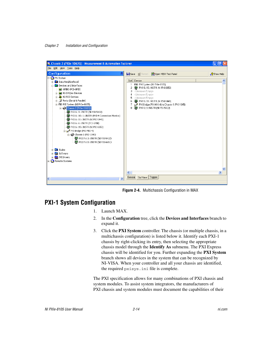 Figure 2-4. multichassis configuration in max, Pxi-1 system configuration, Pxi-1 system configuration -14 | National Instruments NI PXIe-8105 User Manual | Page 28 / 76