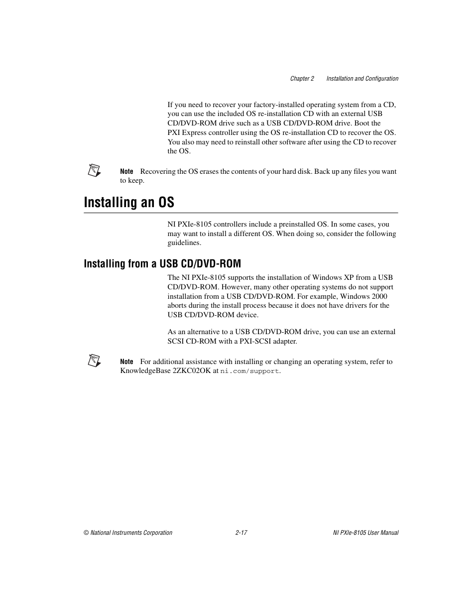 Installing an os, Installing from a usb cd/dvd-rom, Installing an os -17 | Installing from a usb cd/dvd-rom -17 | National Instruments NI PXIe-8105 User Manual | Page 31 / 76