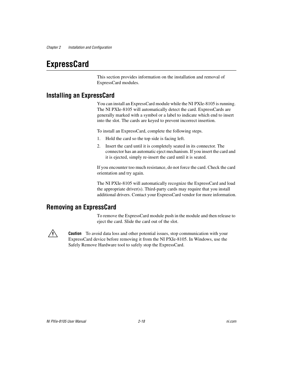 Expresscard, Installing an expresscard, Removing an expresscard | Expresscard -18 | National Instruments NI PXIe-8105 User Manual | Page 32 / 76