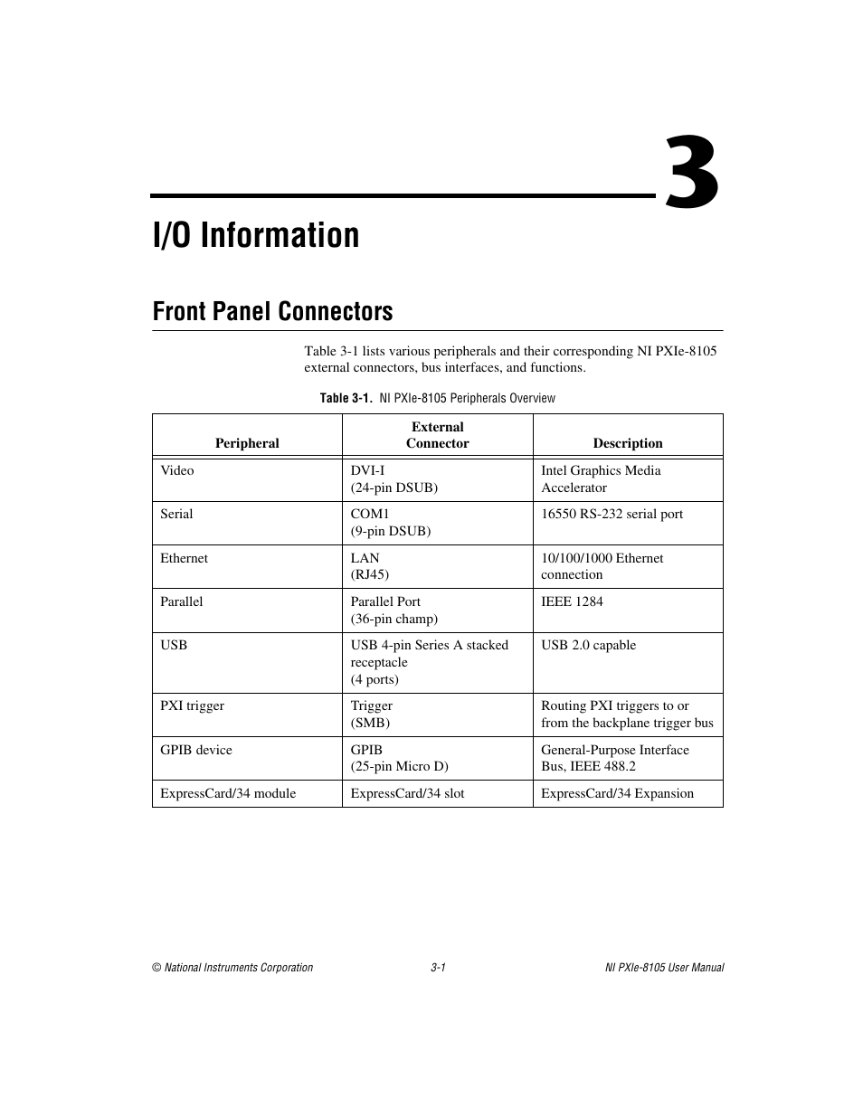 Chapter 3 i/o information, Front panel connectors, Table 3-1. ni pxie-8105 peripherals overview | Front panel connectors -1, I/o information | National Instruments NI PXIe-8105 User Manual | Page 33 / 76
