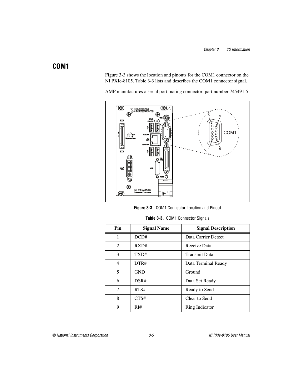 Com1, Figure 3-3. com1 connector location and pinout, Table 3-3. com1 connector signals | Com1 -5 | National Instruments NI PXIe-8105 User Manual | Page 37 / 76
