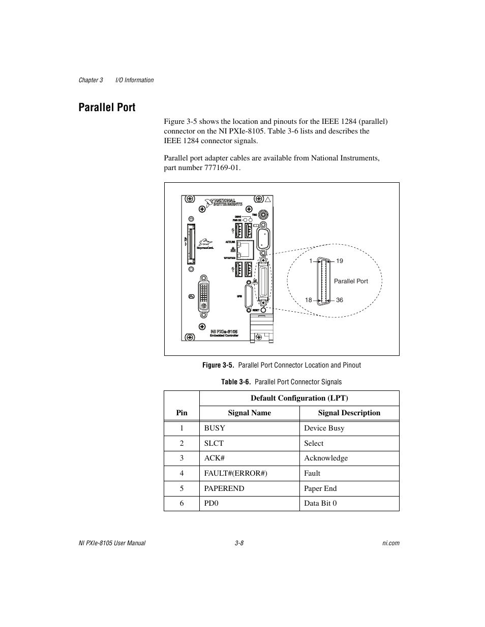 Parallel port, Table 3-6. parallel port connector signals, Parallel port -8 | National Instruments NI PXIe-8105 User Manual | Page 40 / 76