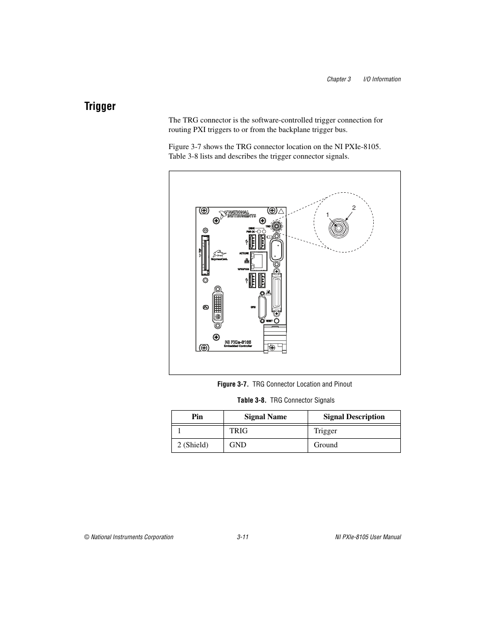 Trigger, Figure 3-7. trg connector location and pinout, Table 3-8. trg connector signals | Trigger -11 | National Instruments NI PXIe-8105 User Manual | Page 43 / 76