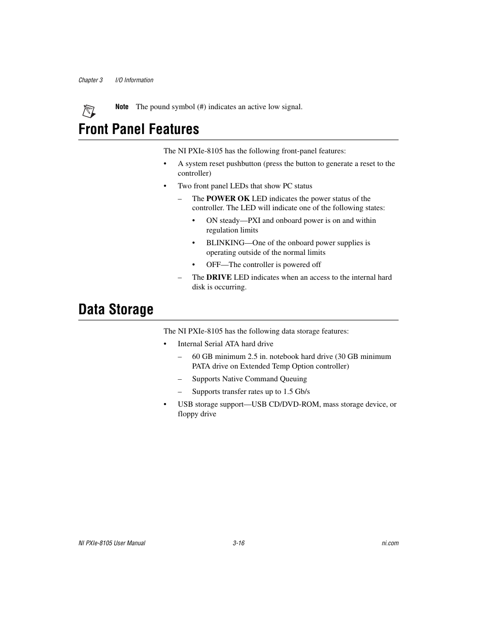 Front panel features, Data storage, Front panel features -16 data storage -16 | National Instruments NI PXIe-8105 User Manual | Page 48 / 76