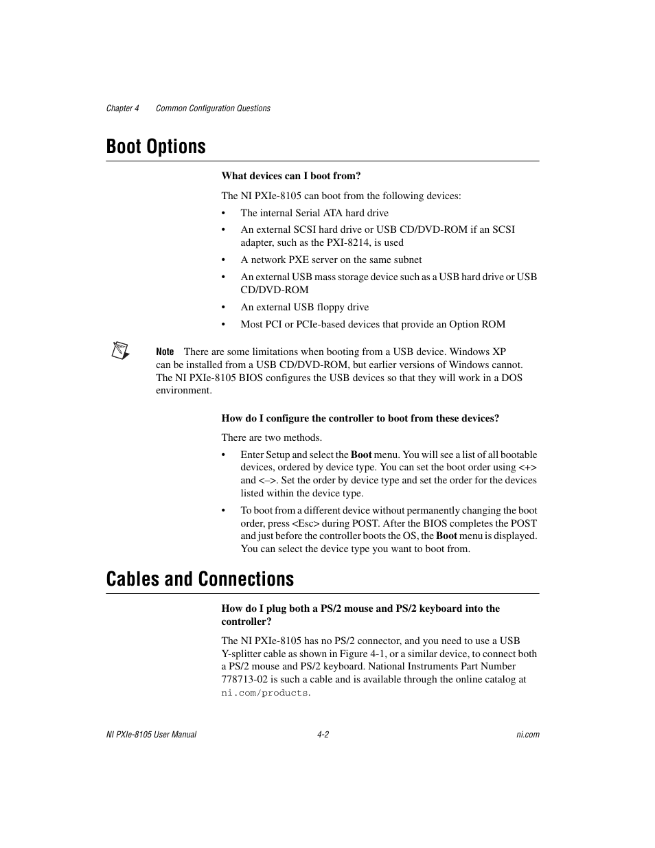 Boot options, Cables and connections, Boot options -2 cables and connections -2 | National Instruments NI PXIe-8105 User Manual | Page 50 / 76