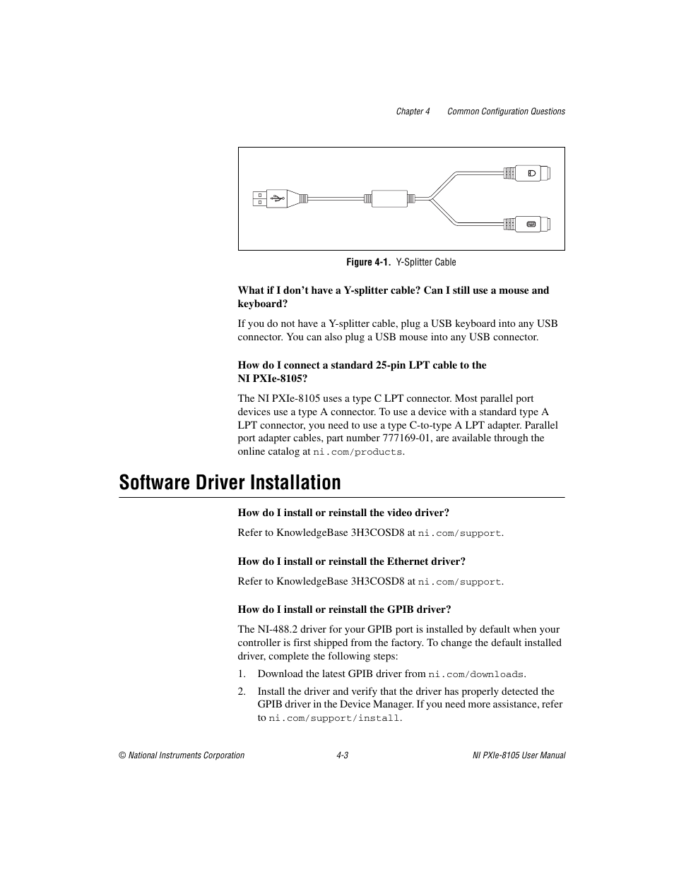 Figure 4-1. y-splitter cable, Software driver installation, Software driver installation -3 | Gure 4-1, Y-splitter cable | National Instruments NI PXIe-8105 User Manual | Page 51 / 76