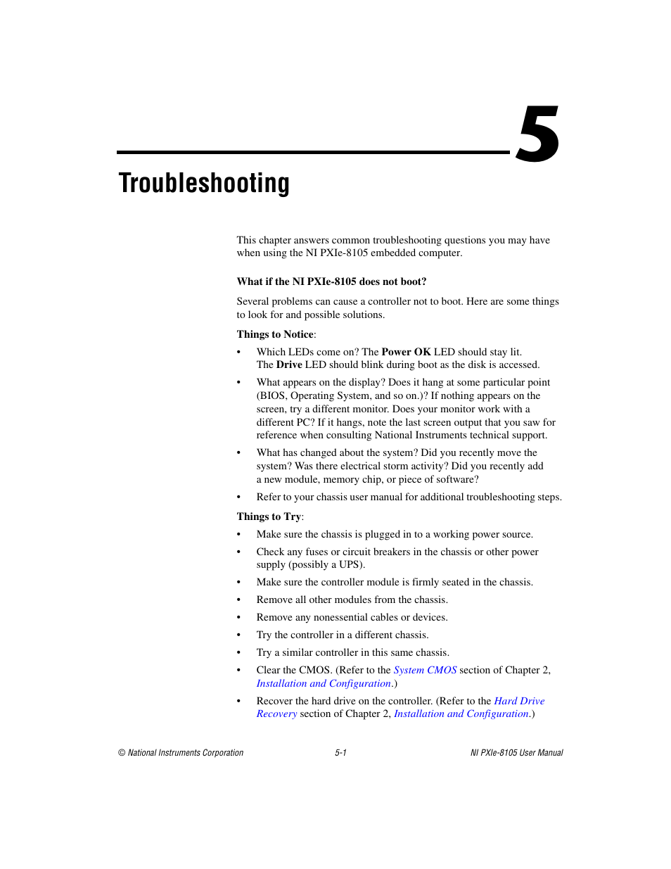 Chapter 5 troubleshooting, What if the ni pxie-8105 does not boot, Secti | Troubleshooting | National Instruments NI PXIe-8105 User Manual | Page 55 / 76