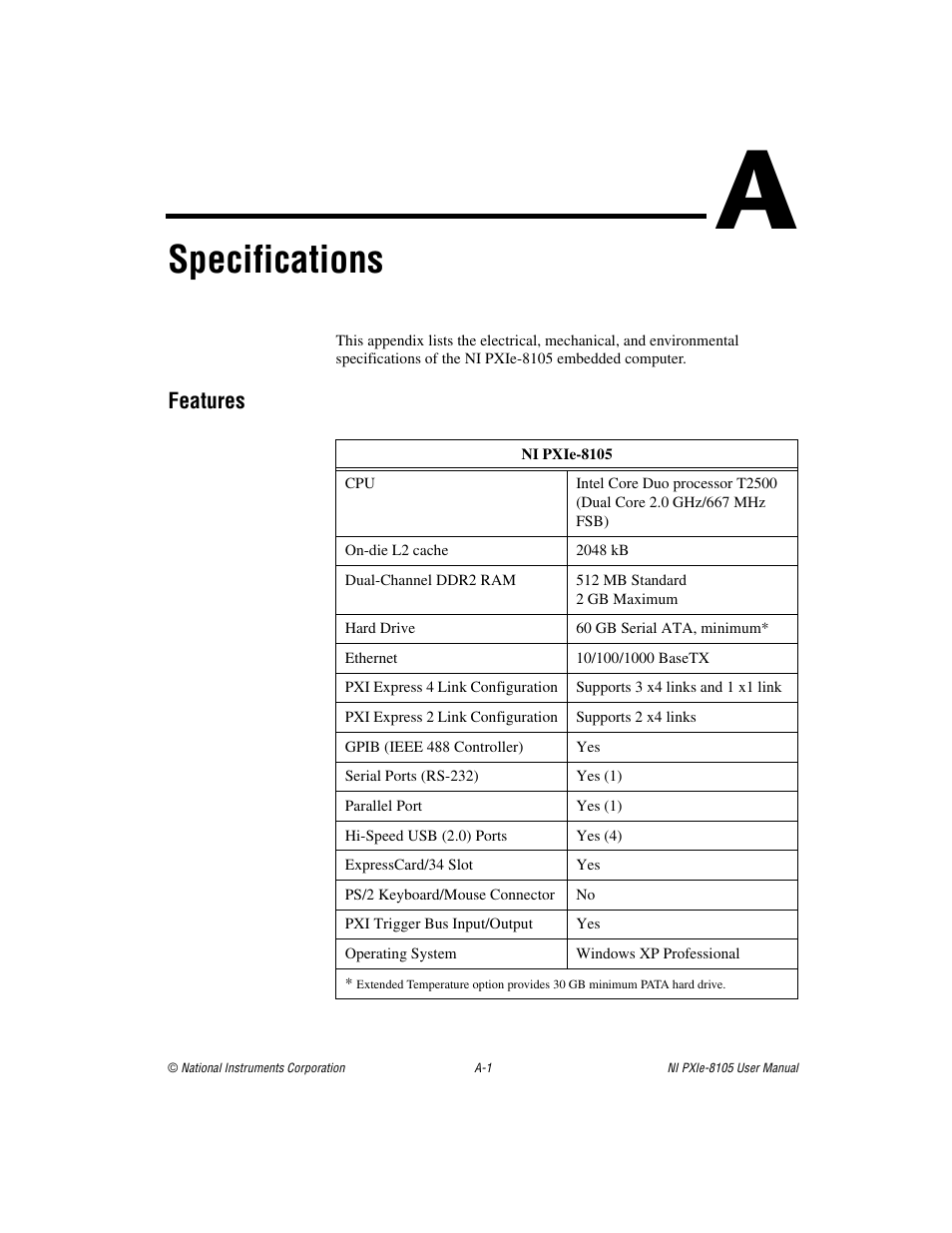 Appendix a specifications, Specifications | National Instruments NI PXIe-8105 User Manual | Page 58 / 76