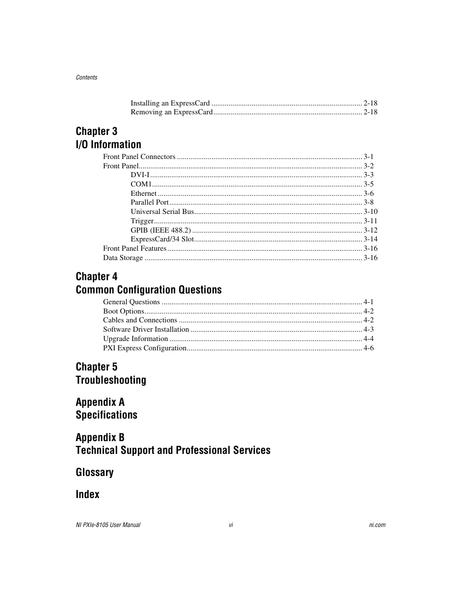 Chapter 3 i/o information, Chapter 4 common configuration questions | National Instruments NI PXIe-8105 User Manual | Page 6 / 76